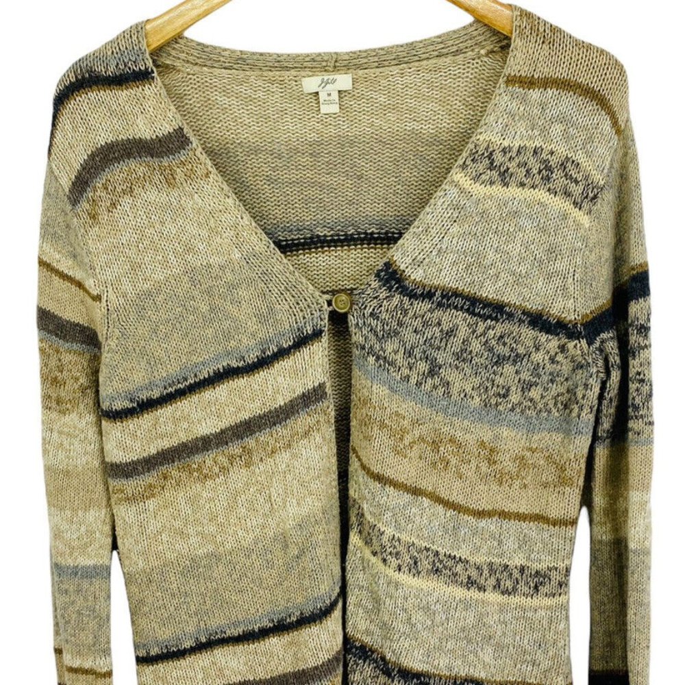 J Jill 1 Button Cardigan Sweater Medium Lambs Wool Blend Striped Neutral Colors